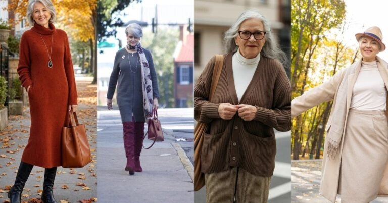 Collage of October outfits for women over 60: rust sweater dress, navy knit dress with burgundy boots, brown cardigan and cream twirl coat