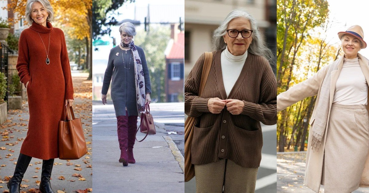 Collage of October outfits for women over 60: rust sweater dress, navy knit dress with burgundy boots, brown cardigan and cream twirl coat