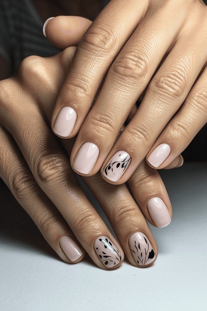 Old money nude nails with black botanical accents manicure for women over 60