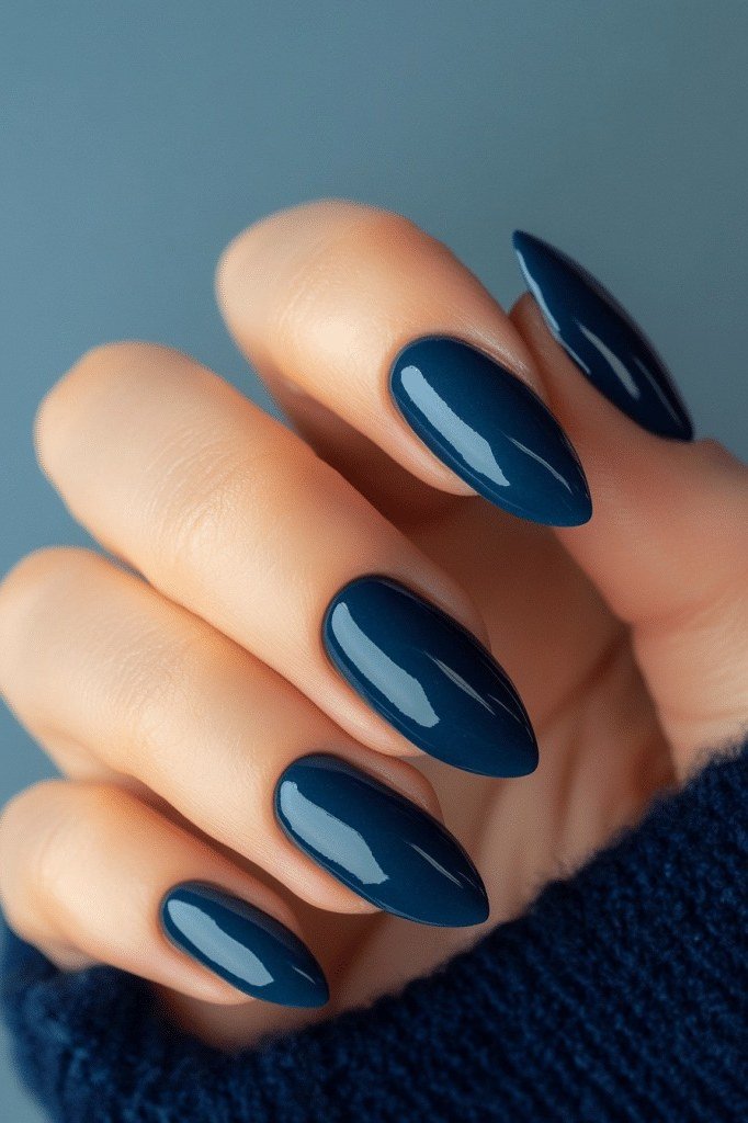 Old money deep navy almond nails manicure for women over 60