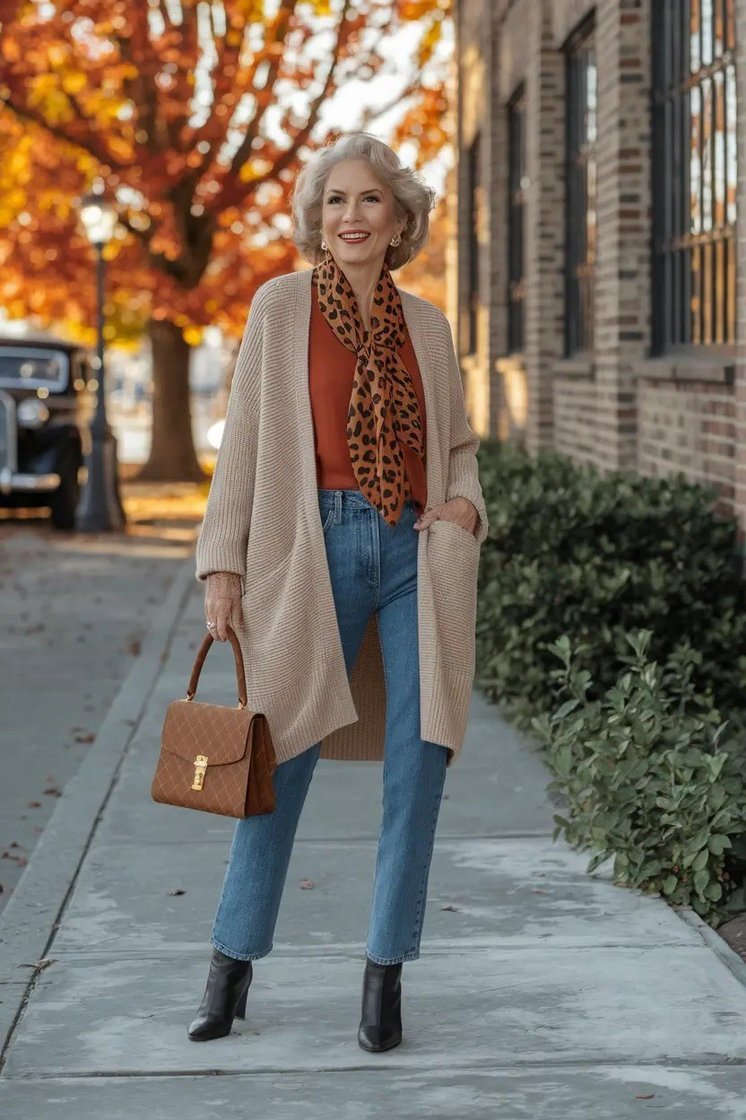 Camel Coat With a Leopard Scarf and Jeans - fall fashion for women over 50