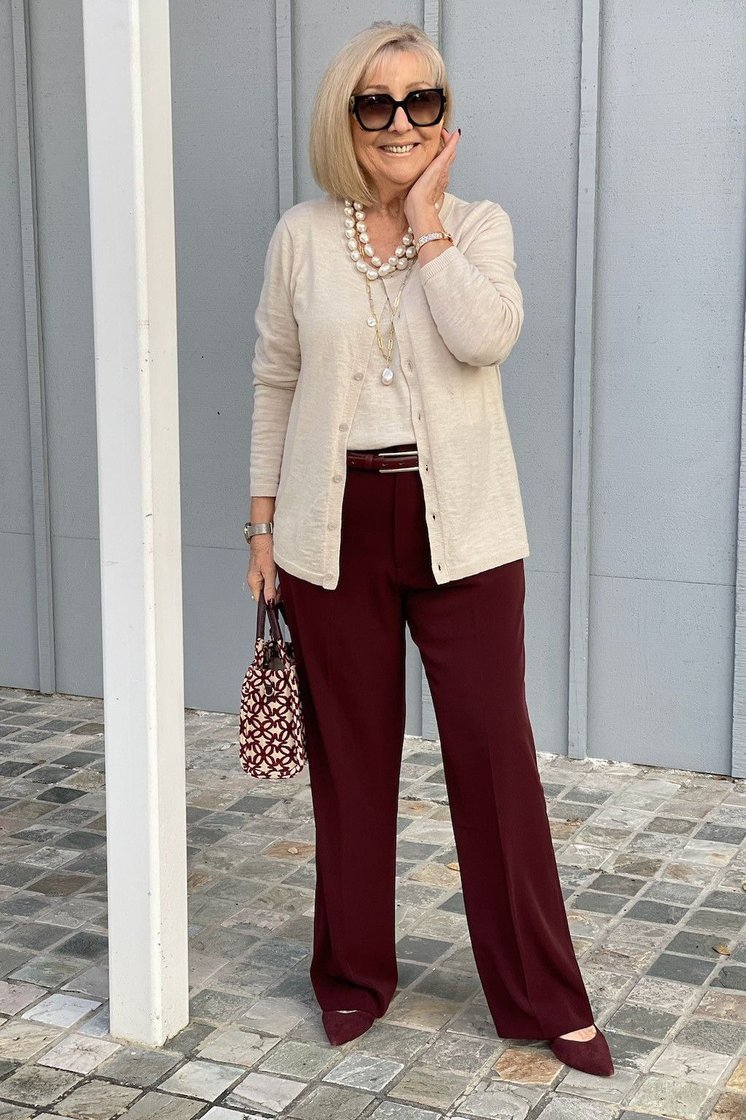 Cream Cardigan and Burgundy Wide-Leg Pants - fall fashion for women over 50