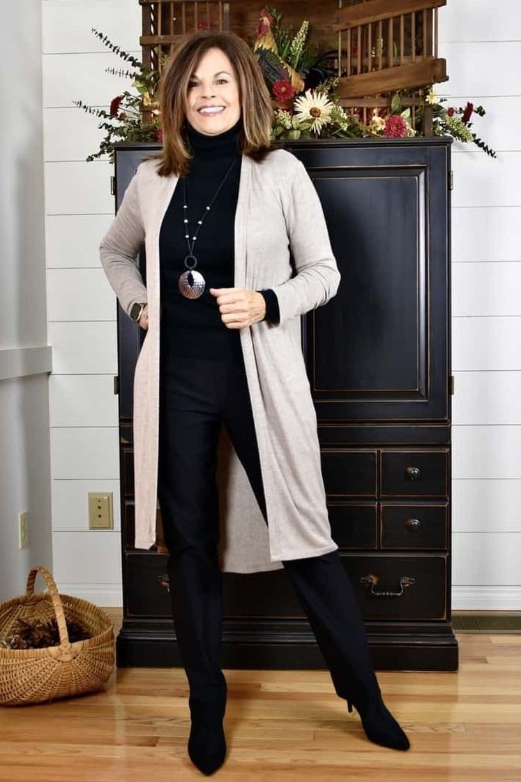Long Cream Cardigan Over Black - fall fashion for women over 50