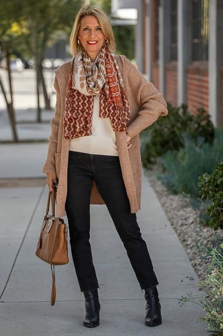 Camel Coat With a Patterned Scarf - fall fashion for women over 50