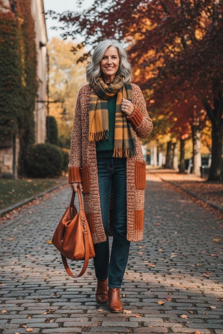 Long Brown Cardigan With a Plaid Scarf - fall fashion for women over 50