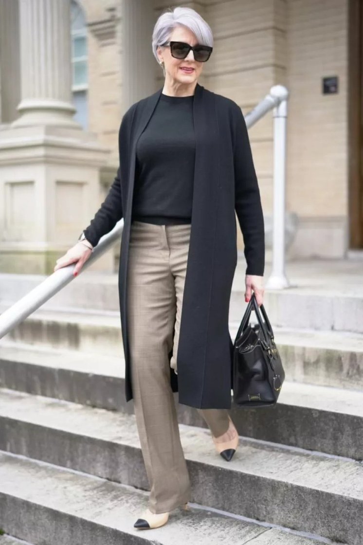 Long Black Cardigan and Taupe Pants - fall fashion for women over 50