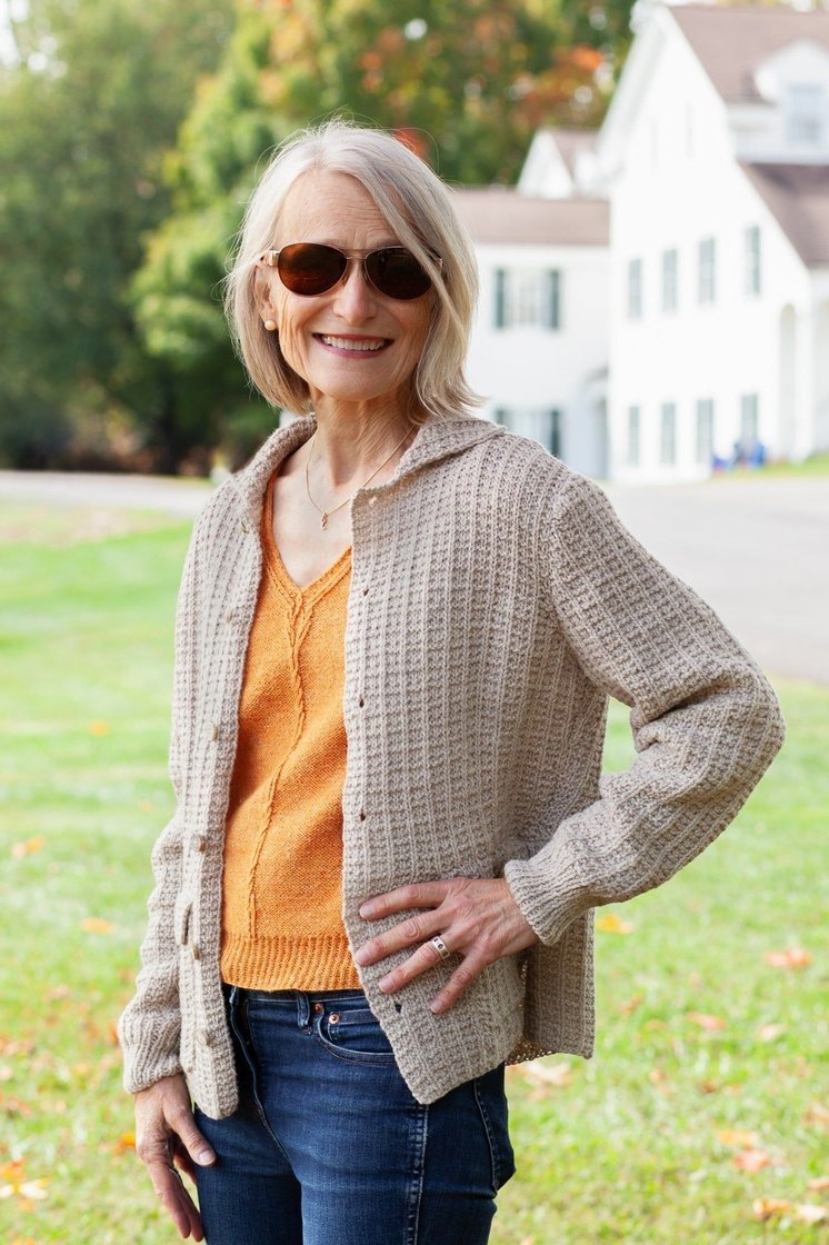 Beige Tweed Jacket With Mustard - fall fashion for women over 50