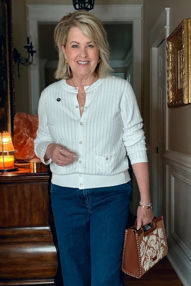 White Striped Cardigan and Teal Pants - fall fashion for women over 50