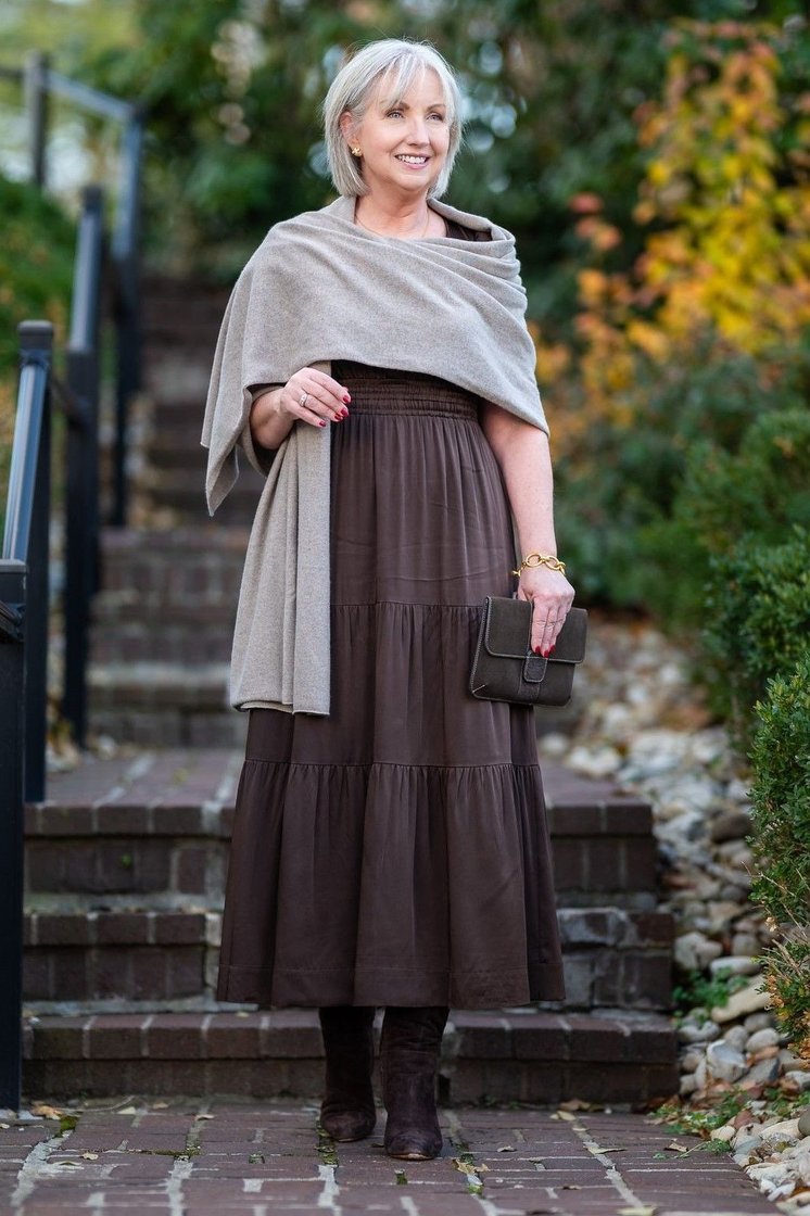 Brown Tiered Midi Skirt and Gray Wrap - fall fashion for women over 50