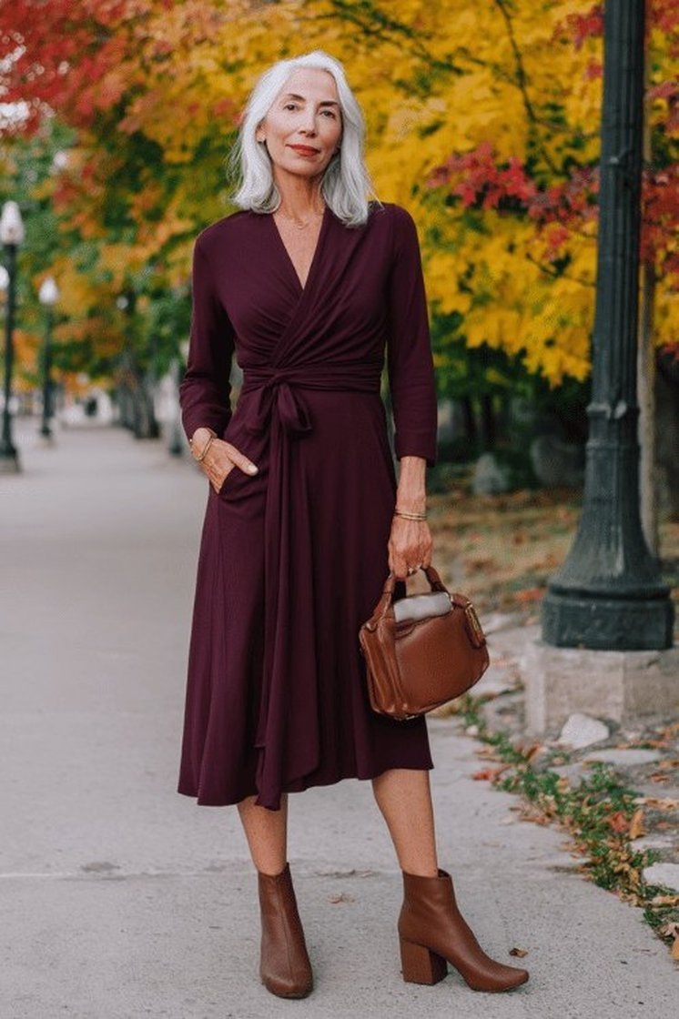 Burgundy Wrap Dress and Ankle Boots - fall fashion for women over 50