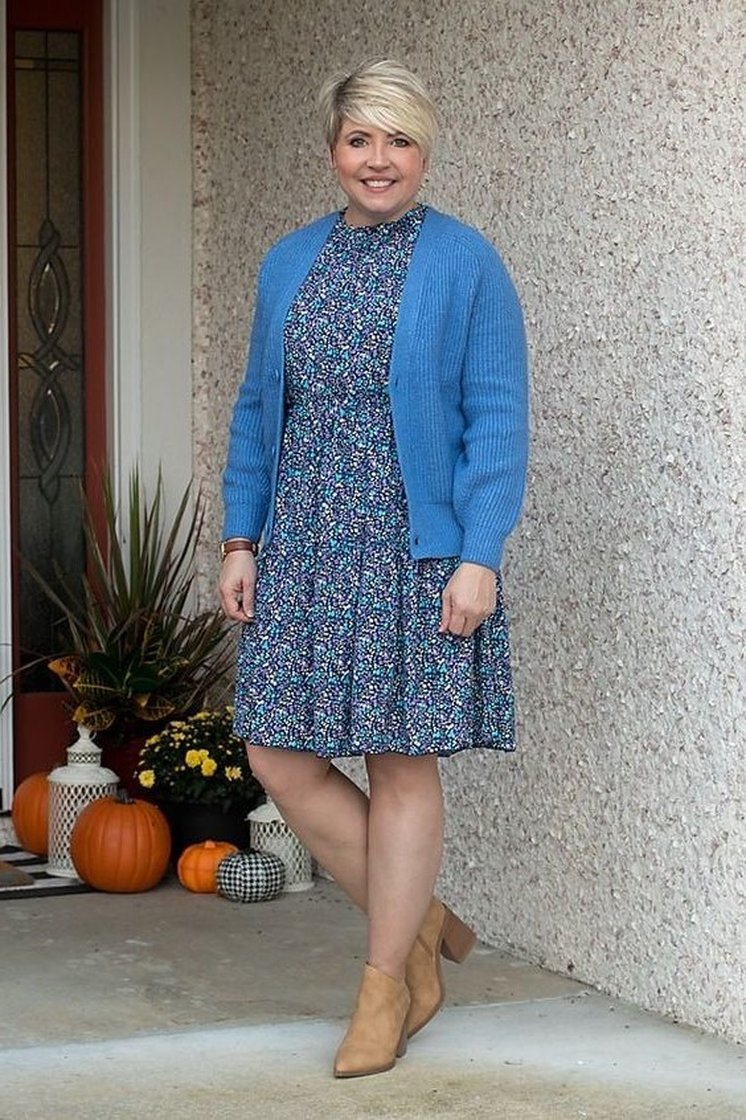 Blue Cardigan and Floral Midi Dress - fall fashion for women over 50