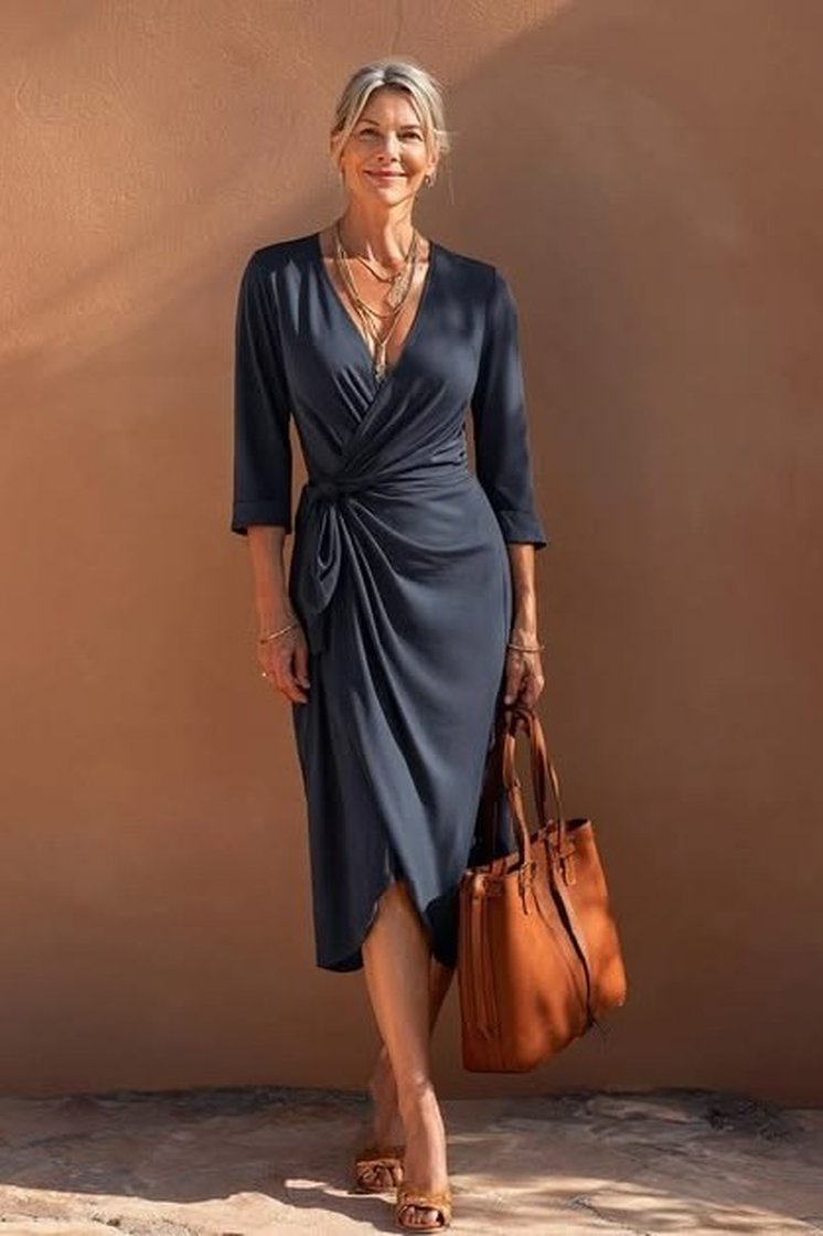 Navy Wrap Dress With a Tan Bag - fall fashion for women over 50