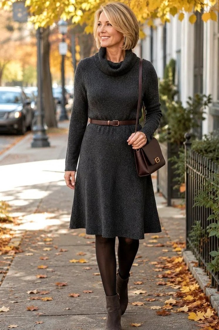 Gray Turtleneck Sweater Dress - fall fashion for women over 50