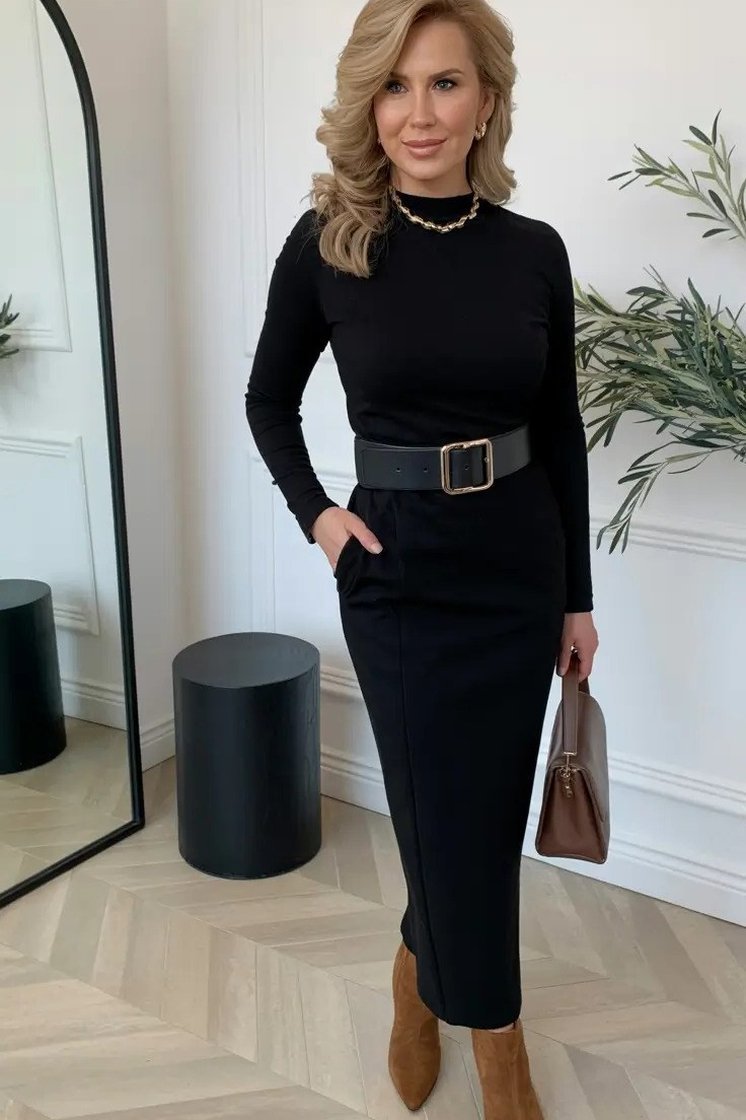 Black Turtleneck Dress With a Belt - fall fashion for women over 50