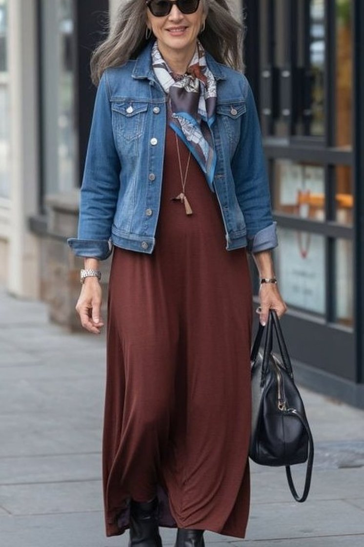 Rust Maxi Dress and Denim Jacket - fall fashion for women over 50