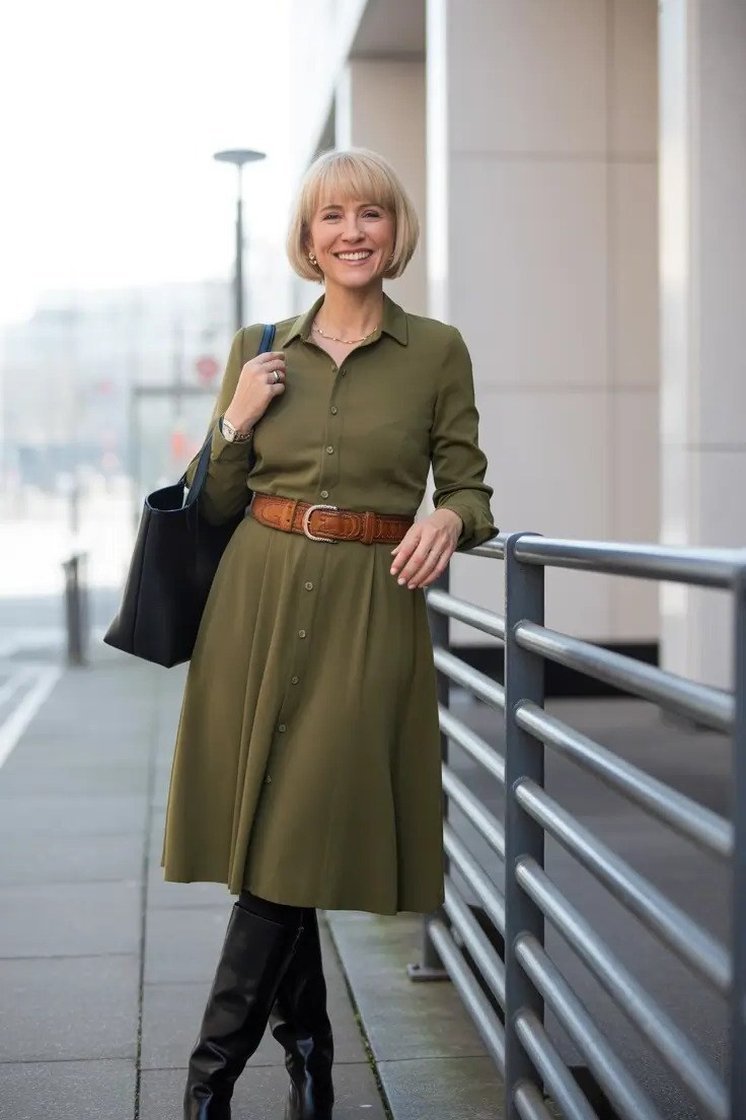 Olive Shirt Dress and Black Boots - fall fashion for women over 50