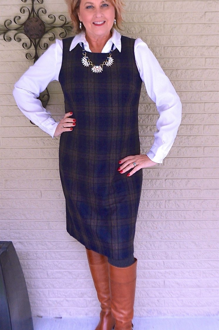 Navy Plaid Jumper Dress - fall fashion for women over 50