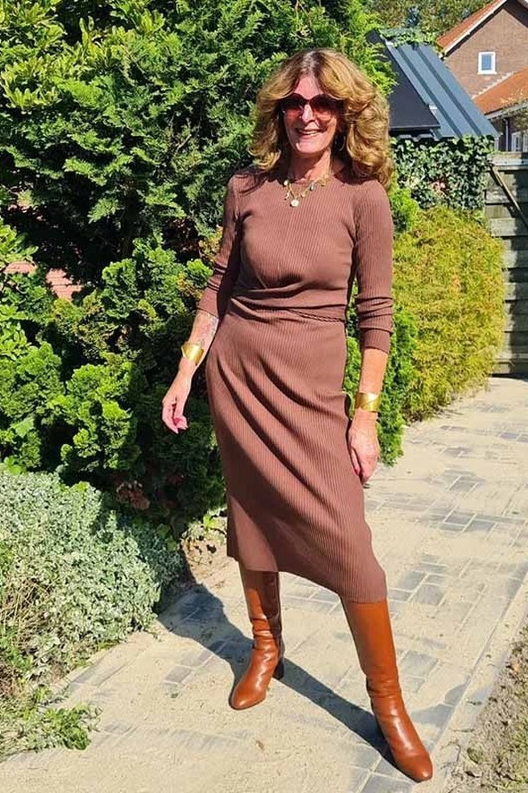 Brown Ribbed Midi Dress and Tan Boots - fall fashion for women over 50