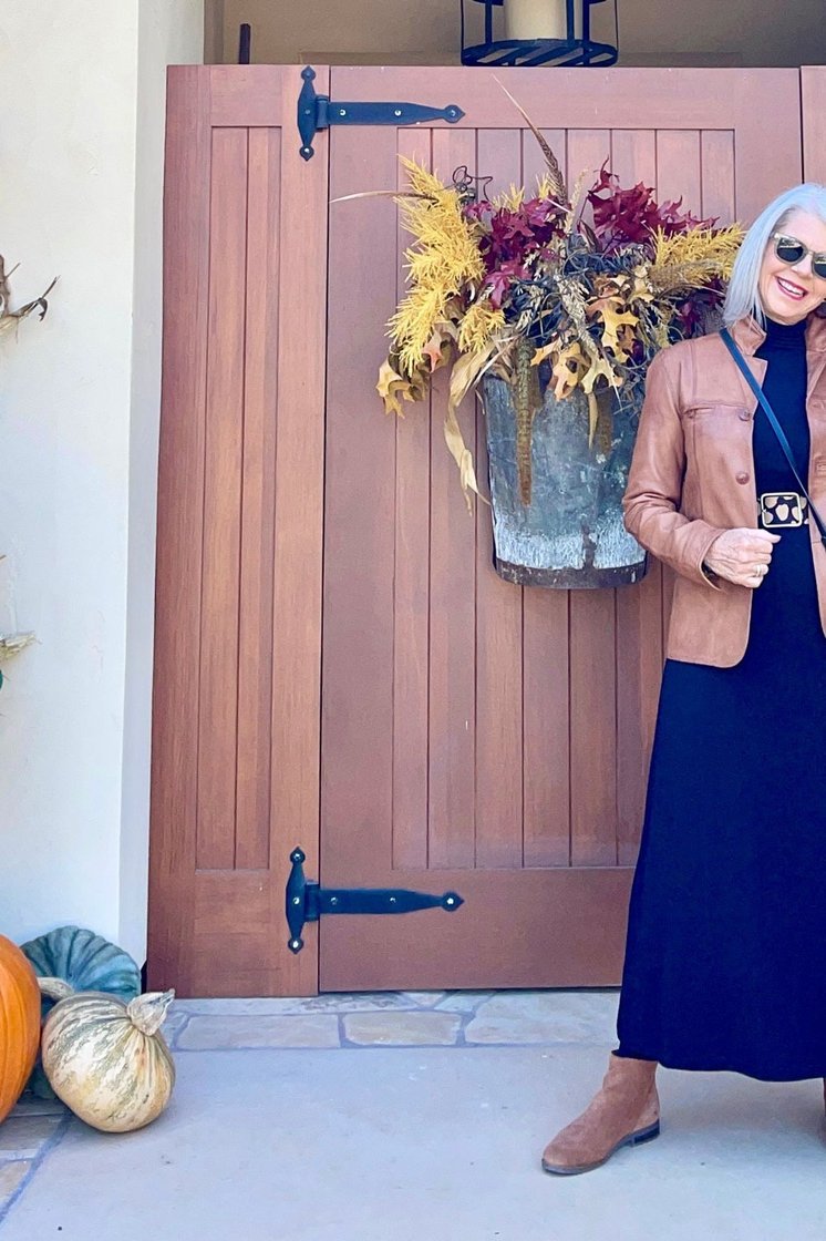 Pink Blazer and Navy Maxi Dress - fall fashion for women over 50