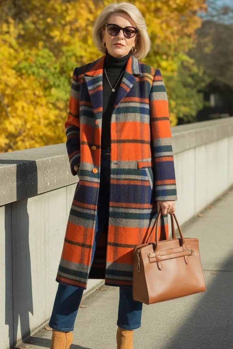 Orange Plaid Wool Coat - fall fashion for women over 50