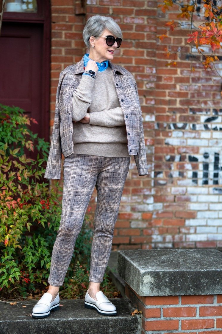 Gray Plaid Suit With Sneakers - fall fashion for women over 50