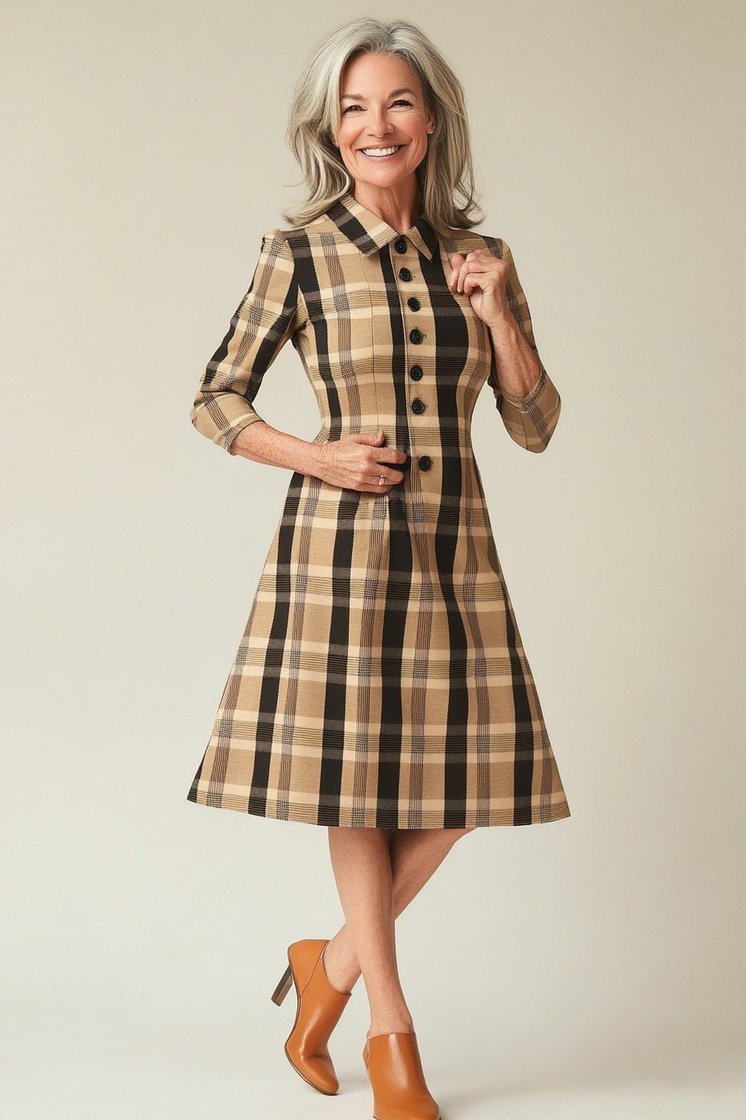 Tan Plaid Shirt Dress - fall fashion for women over 50