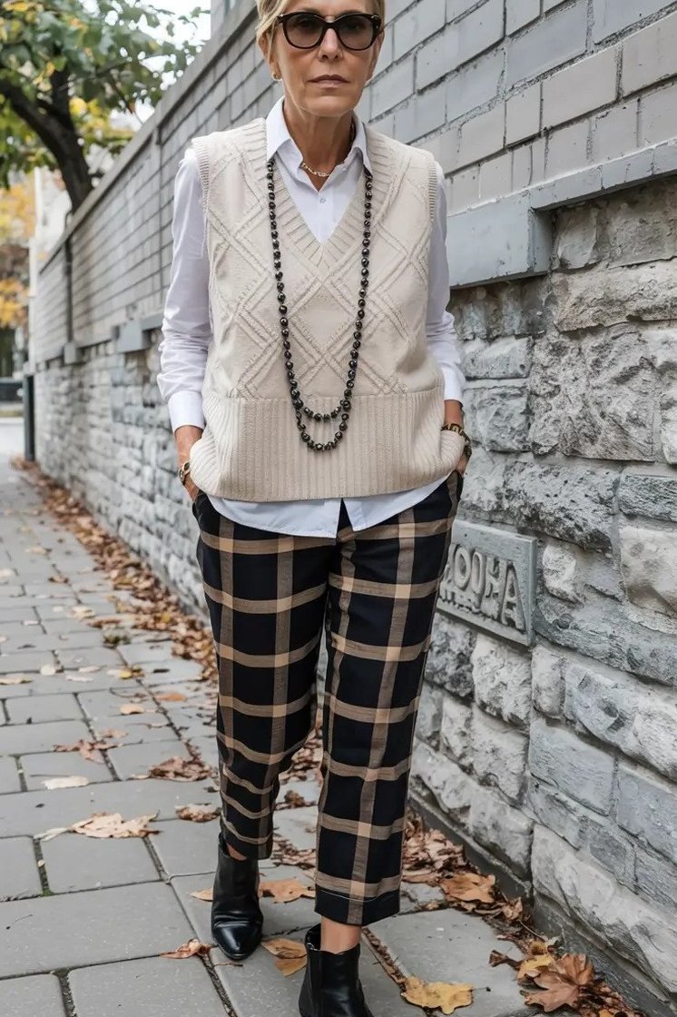 Cream Sweater Vest and Plaid Pants - fall fashion for women over 50