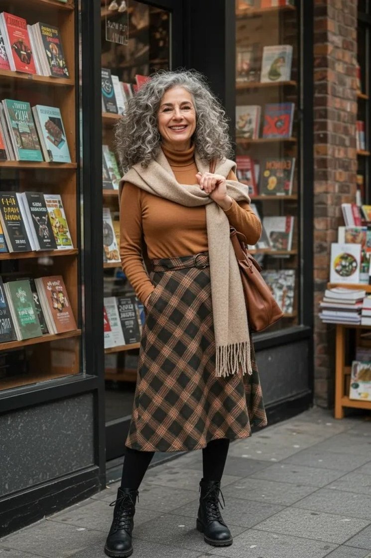Rust Top and Plaid Midi Skirt - fall fashion for women over 50