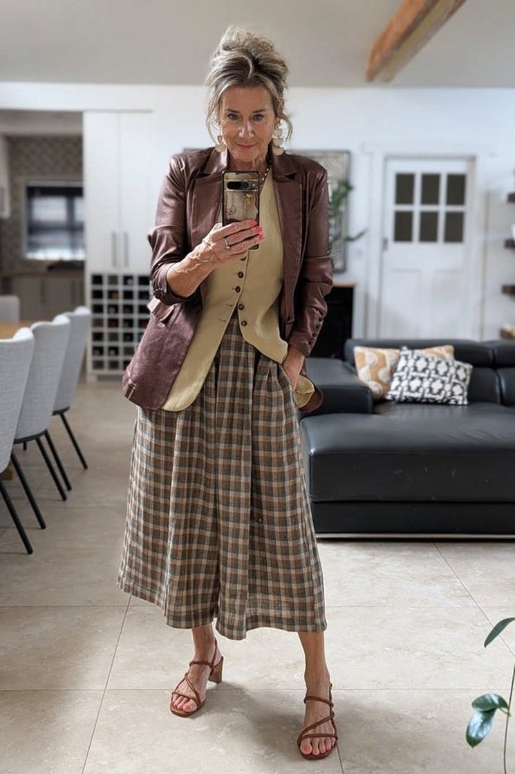 Brown Leather Jacket and Plaid Skirt - fall fashion for women over 50