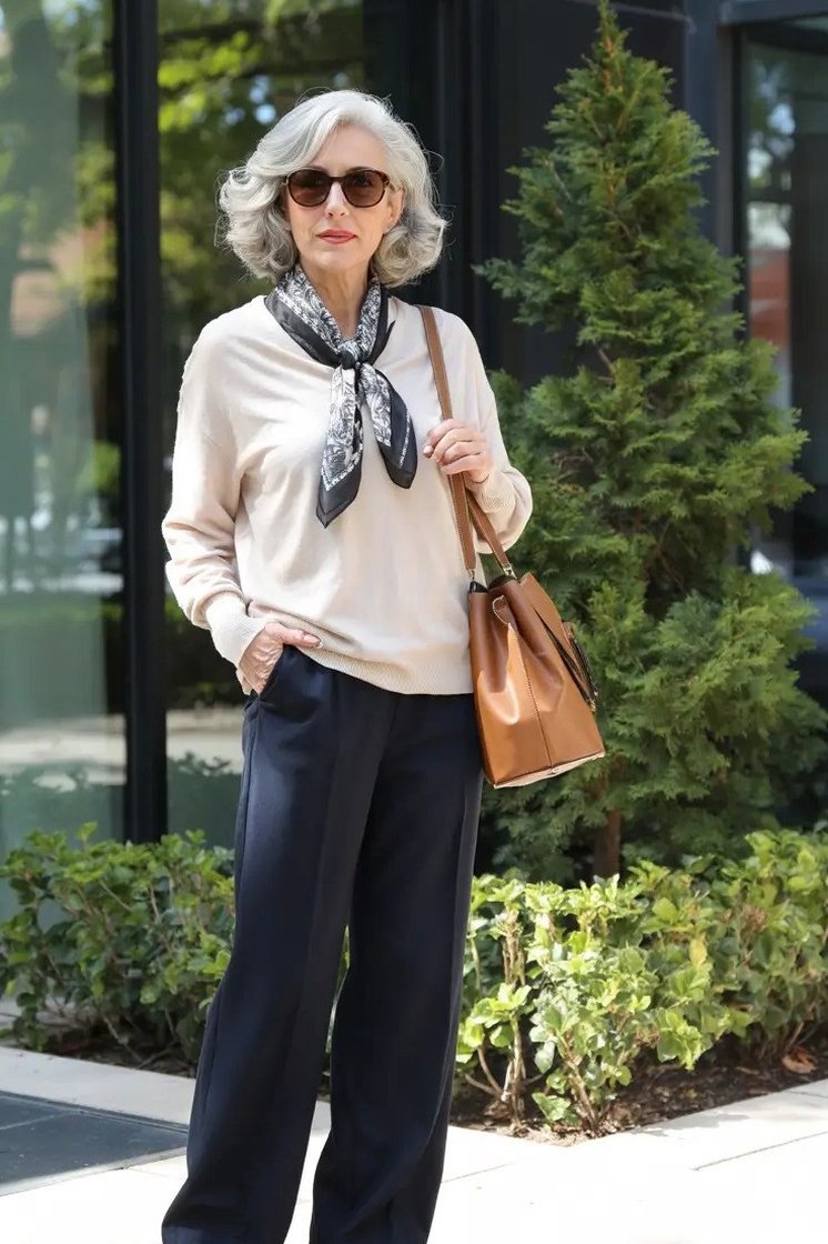 Cream Sweater and Navy Wide Pants - fall fashion for women over 50