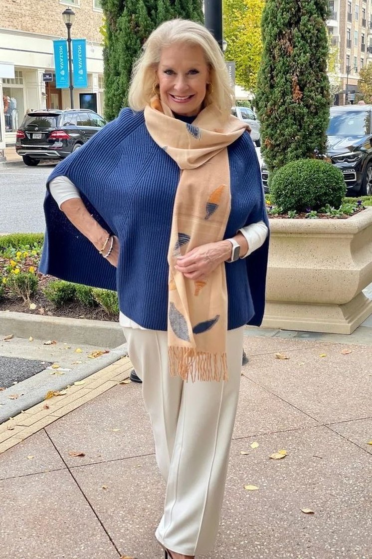 Cobalt Poncho and Cream Wide Pants - fall fashion for women over 50