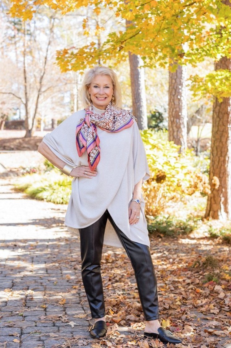 White Top and Black Leather Pants - fall fashion for women over 50