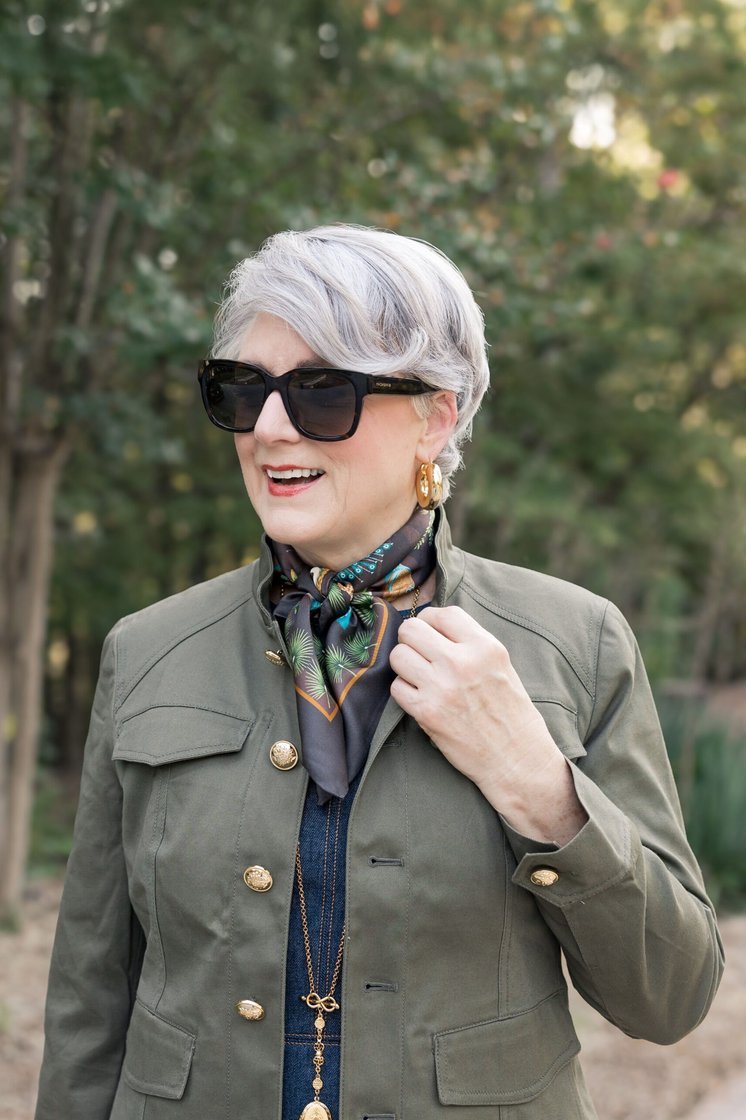 Olive Utility Jacket and Silk Scarf - fall fashion for women over 50