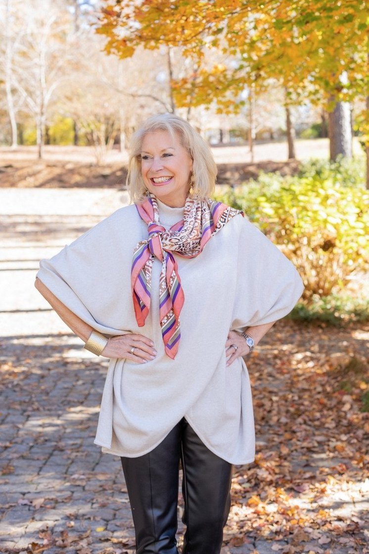 White Poncho and a Colorful Scarf - fall fashion for women over 50