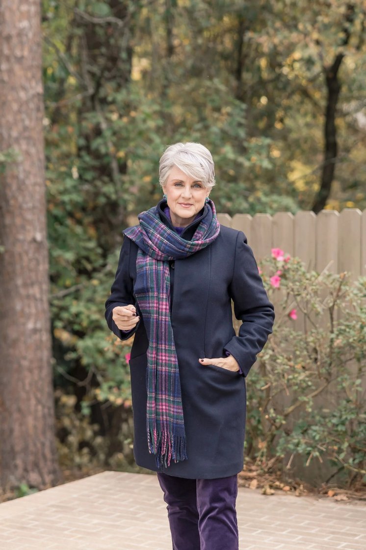 Navy Coat and a Purple Plaid Scarf - fall fashion for women over 50
