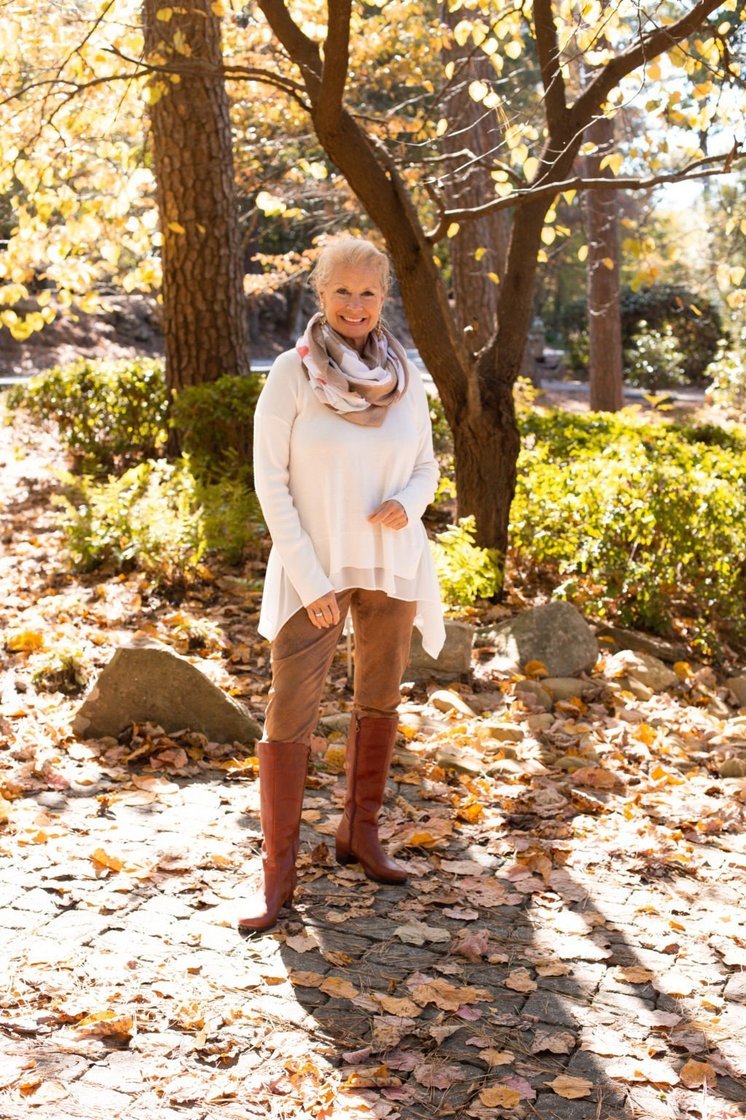 Cream Sweater and Cognac Knee Boots - fall fashion for women over 50