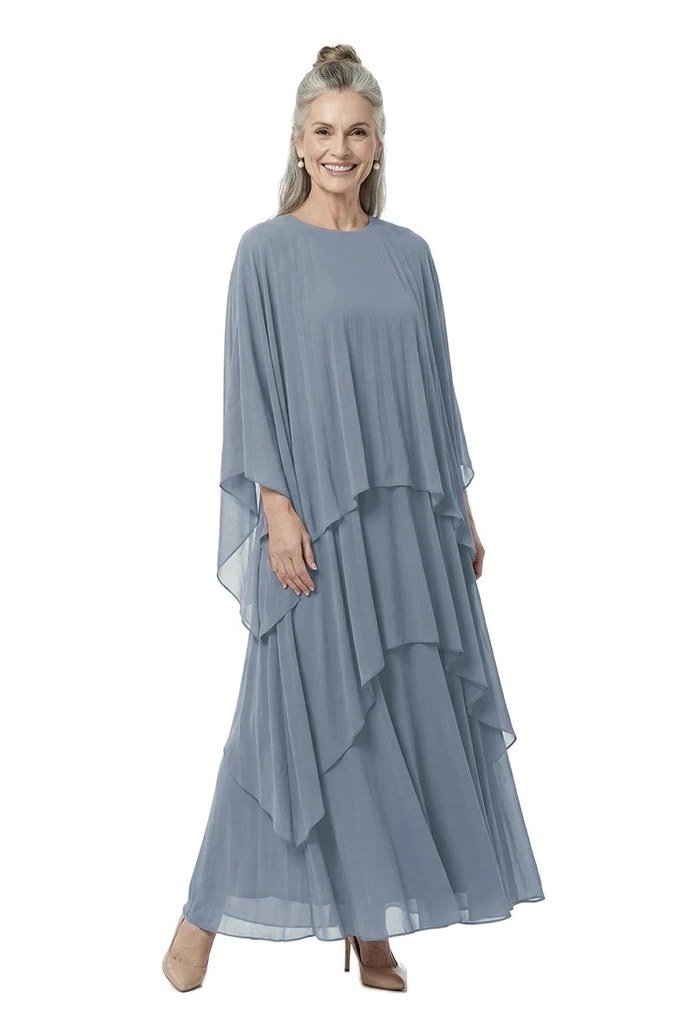 Dusty Blue Tiered Chiffon Maxi for women over 70