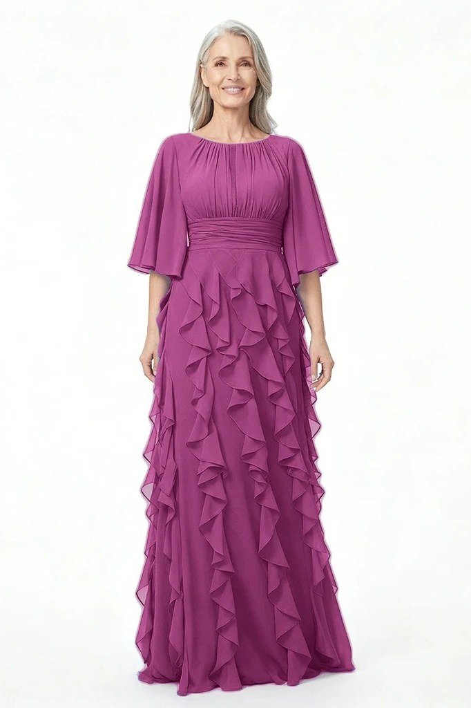 Magenta Ruffled Chiffon Gown for women over 70