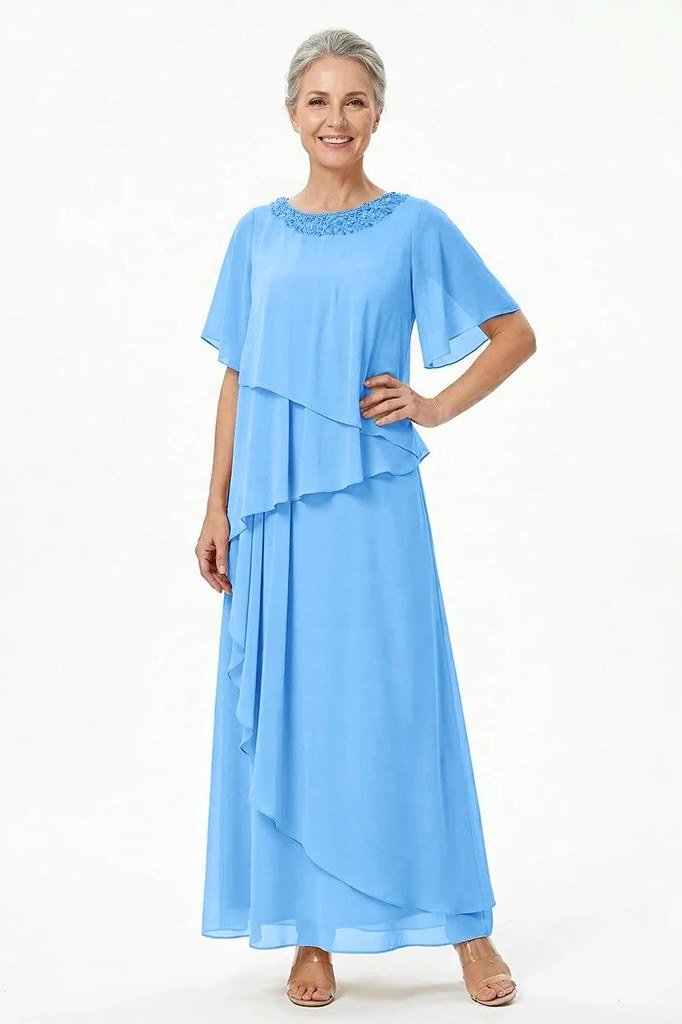Sky Blue Layered Chiffon Dress for women over 70