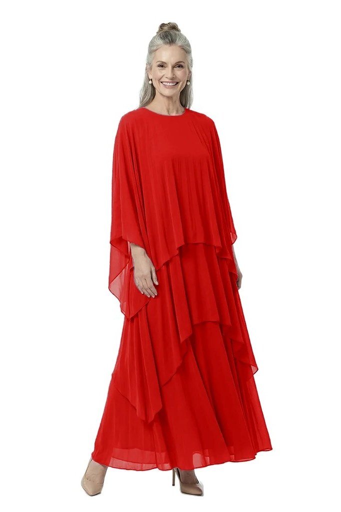 Classic Red Tiered Chiffon Maxi for women over 70
