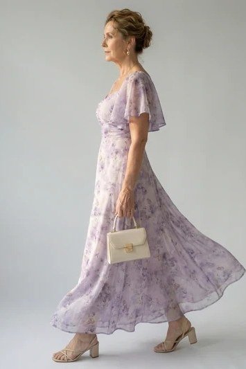 Lavender Floral Flutter-Sleeve Maxi for women over 70