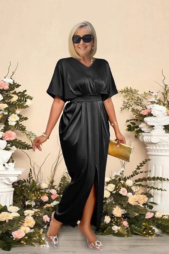 Black Satin Belted Midi for women over 70