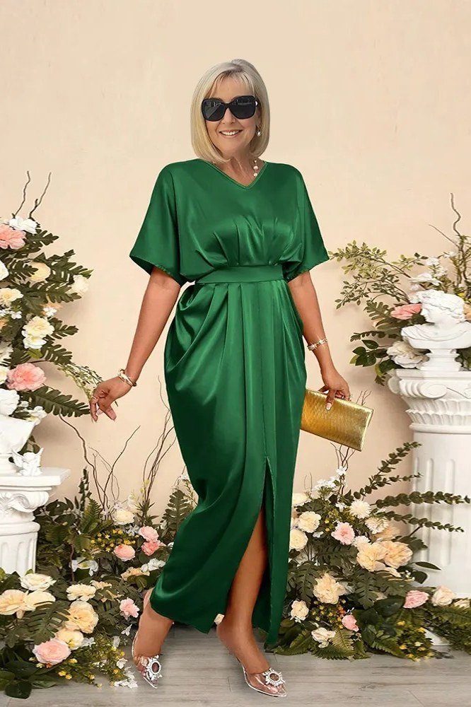 Emerald Satin Wrap Dress for women over 70