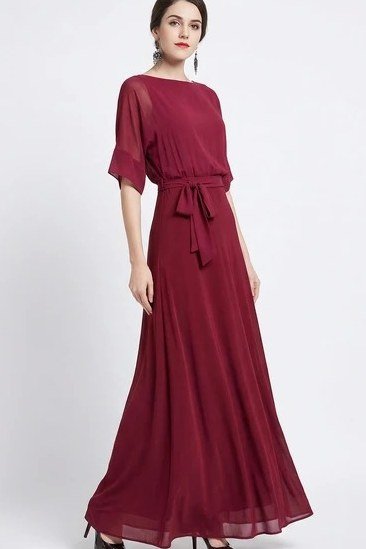 Burgundy Chiffon Maxi Dress for women over 70