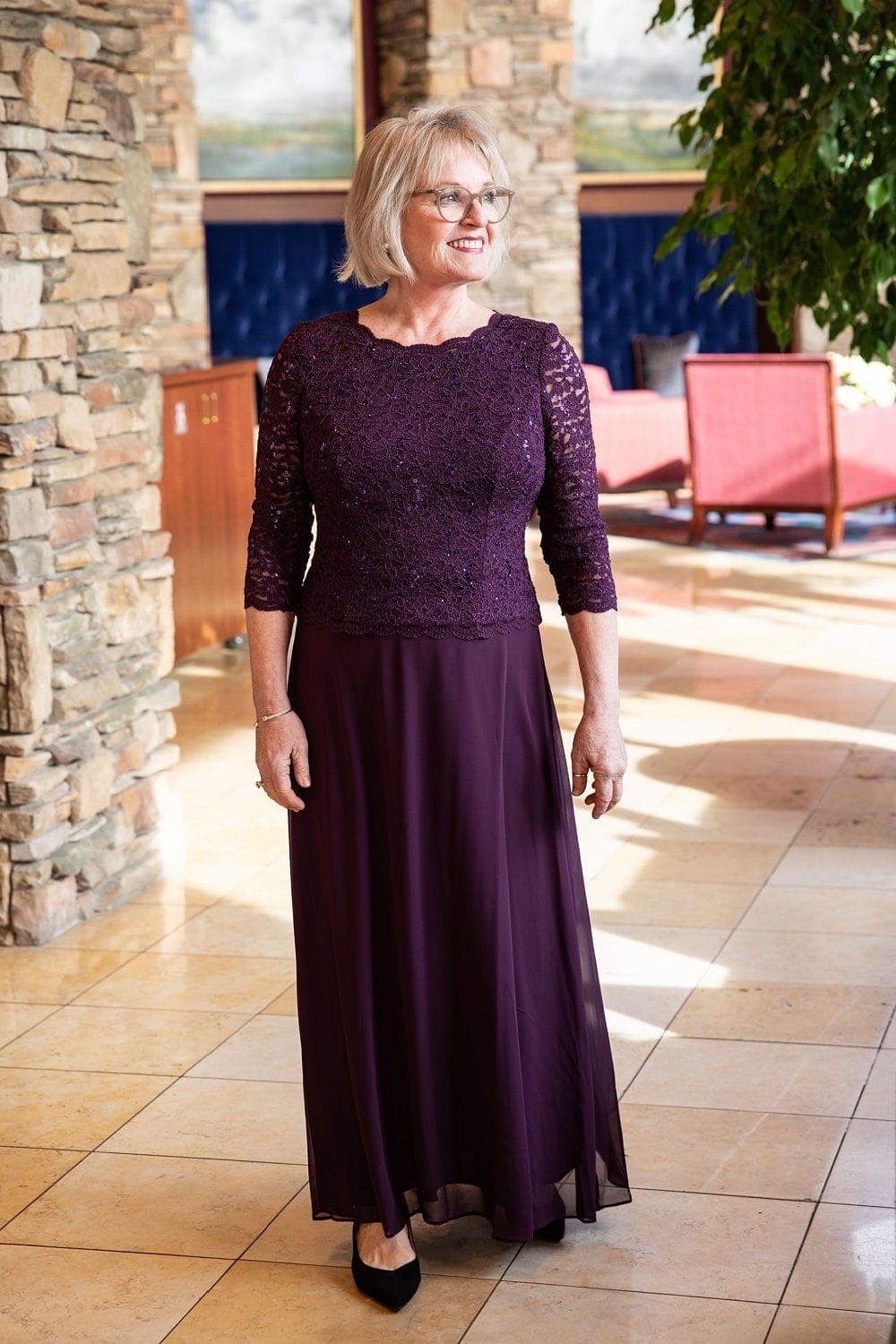 Plum Lace Maxi Dress for women over 70