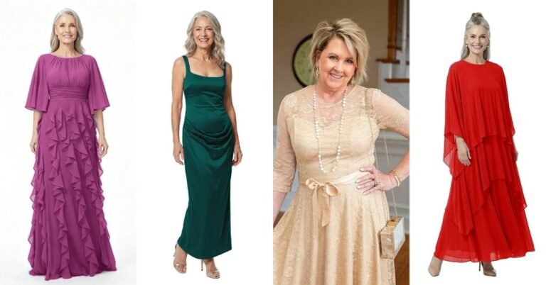 Collage of classy dresses for older women over 70: magenta ruffle, emerald satin, gold lace and red maxi dresses