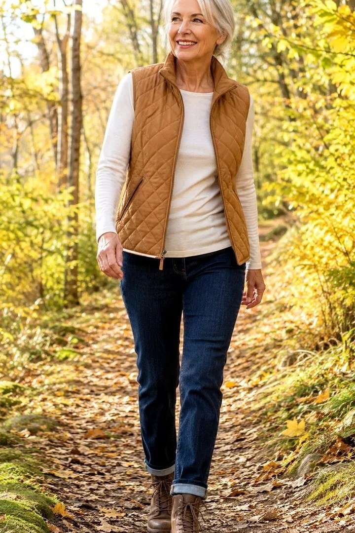 Trendy outfit for women over 70: tan quilted vest + white top + jeans, autumn