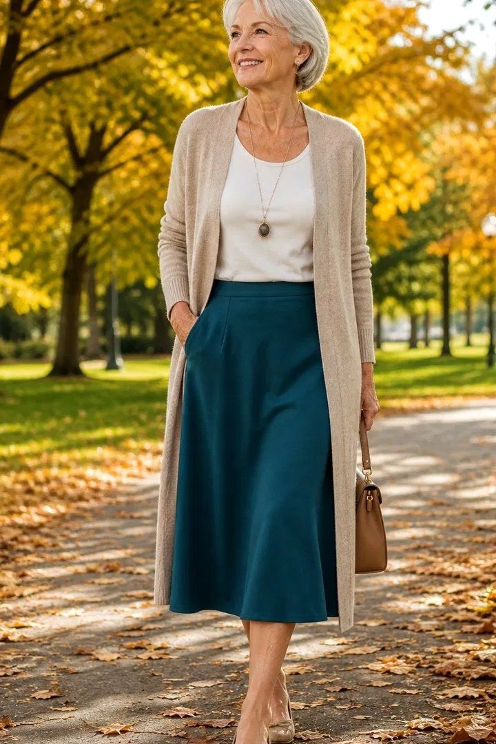 Trendy outfit for women over 70: beige cardigan + teal midi skirt, park
