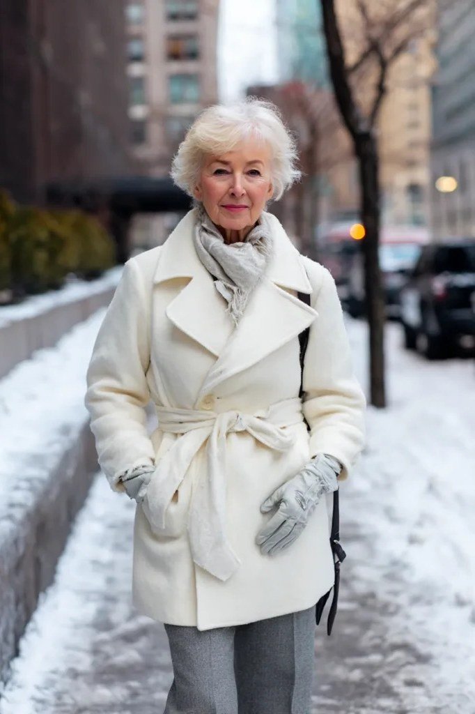 Trendy outfit for women over 70: white coat in snow