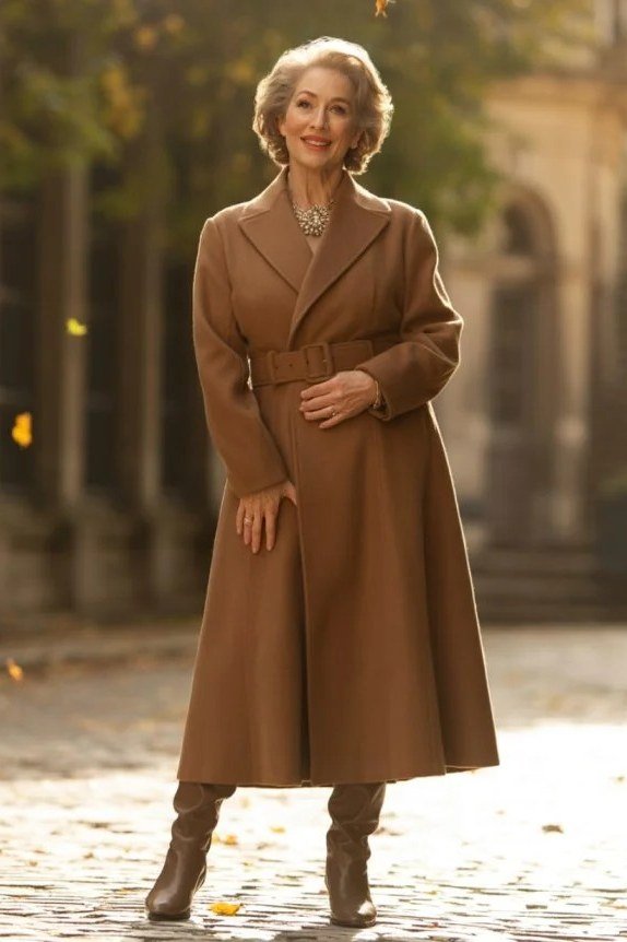 Trendy outfit for women over 70: camel coat dress, city